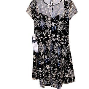 Adrianna Papell Black with Blue & Ivory Floral Embroidery Fit & Flare -Size 8